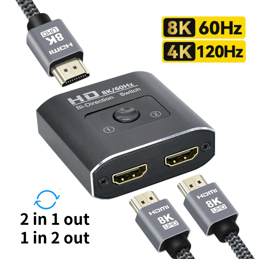 8K 60Hz HDMI Switch 2 Ports 2 In 1 Out Video Splitter for Laptop PC Xbox PS3/4/5 TV Box to Monitor TV Projector Adapter