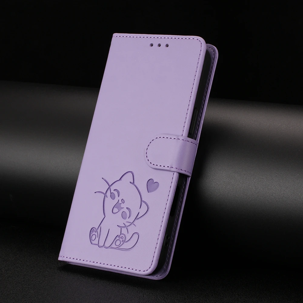 Cute Cat Leather Wallet Flip Phone Case with  Design