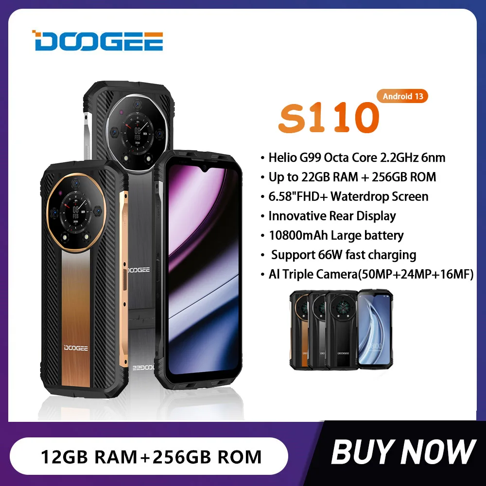DOOGEE S110 Rugged Smartphones Octa Core 12GB+256GB 6.58Inch Waterdrop Screen Mobile Phone Fast Charging 10800mAh Large Battery