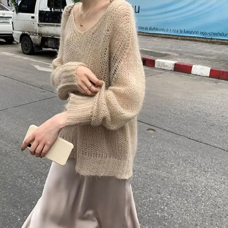 

Sexy Solid Color Thin Sweaters Women Vintage Hollow V-neck Knitted Pullover Girls Spring Loose Sweatshirt Korean Chic Streetwear