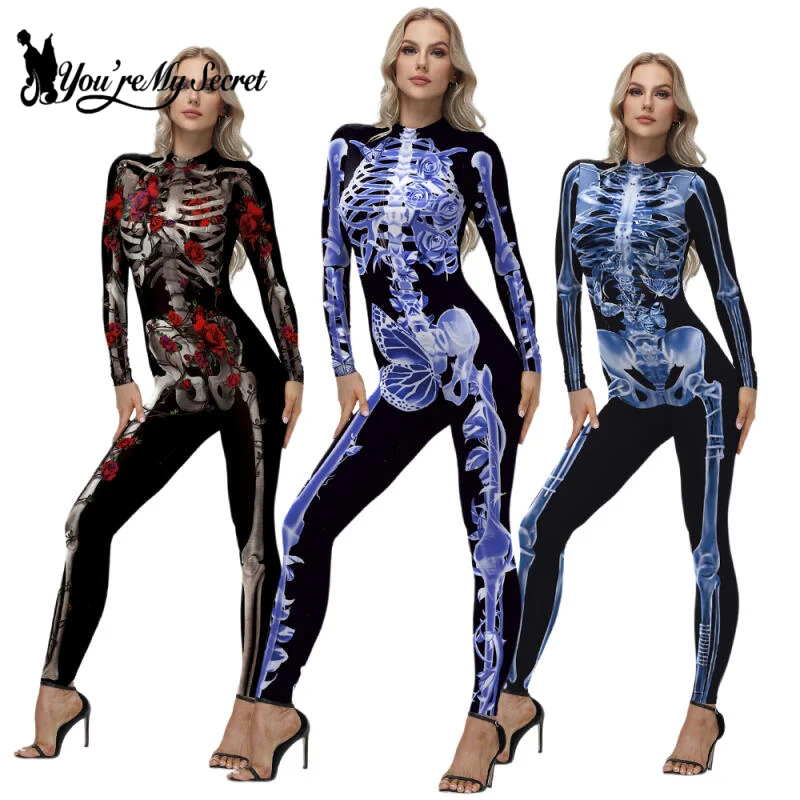 [You're My Secret] Halloween Girls Ghost Adult Skeleton Cospaly Costume Carnival Party Zentai Bodysuit Scary Show Outfit Suits