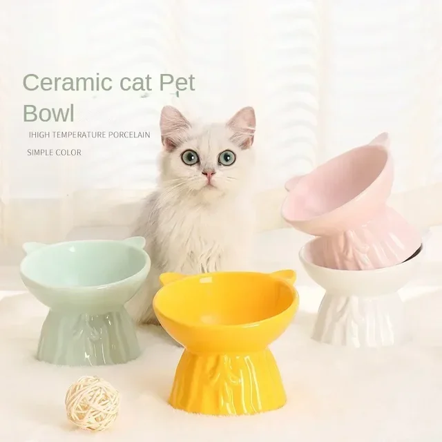 Creative Solid Color Simple Style Drinking Water High Footed Anti Knock Ceramic Cat Bowl Cat Dog Food Bowl Ceramic Cute Cat Bowl 2