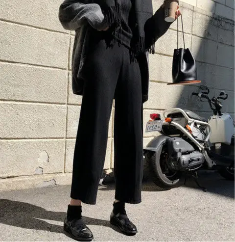 Korea Pants Women Wide-leg Autumn Winter New Korean Trendy Ankle-Length Warm Trouser Ulzzang Elastic Waist Solid