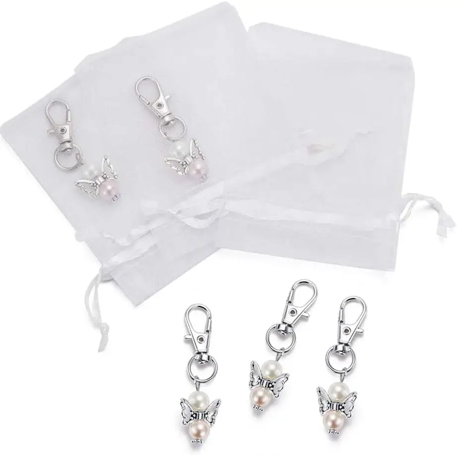 20pcs/Set Guardian Angel Keychain Pendant With Tags And Real Silk Bags, Angle Key Ring, Wedding Favors, Guest Souvenirs