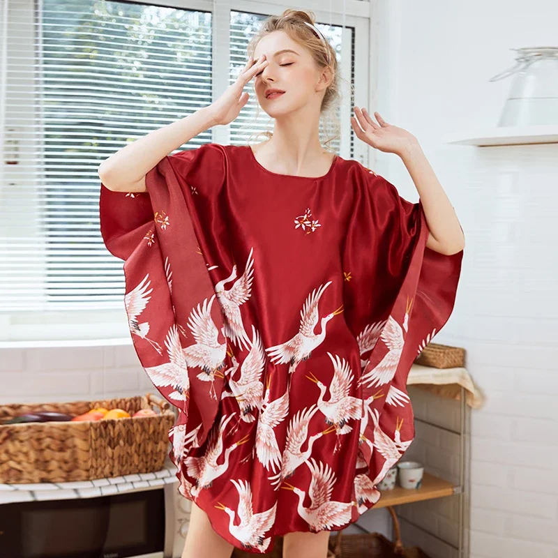 Loose Nightdress Faux Silk Bath Robe Women Rayon Night Gown Round Collar Nightgown Ladies summer Nuisette Pijama Mujer Xsz665C women dress,women sleepwear,sleepwear pajamas
