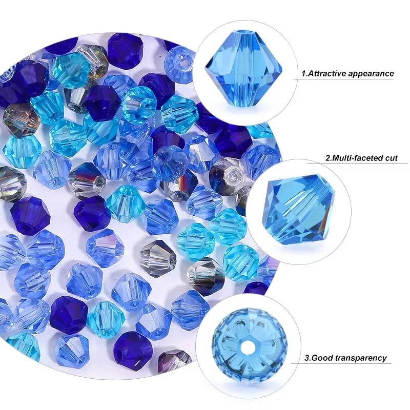 4MM Glass Bicone Shaped Beads Faceted Crystal Beads for Jewelry Making Bracelet Nacklace Earrings DIY Beading 100Pcs
