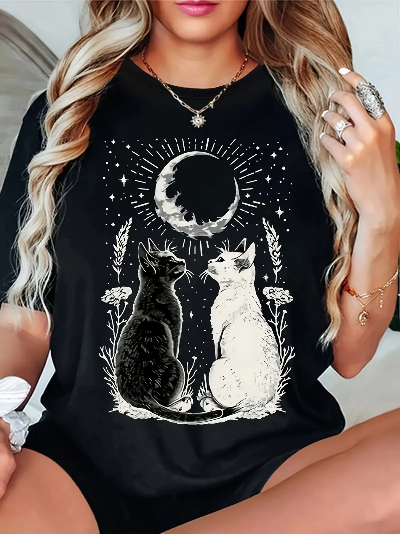 Gato lua gráfico camiseta impressão feminina crewneck casual manga curta camiseta verão harajuku streetwear topos moda t