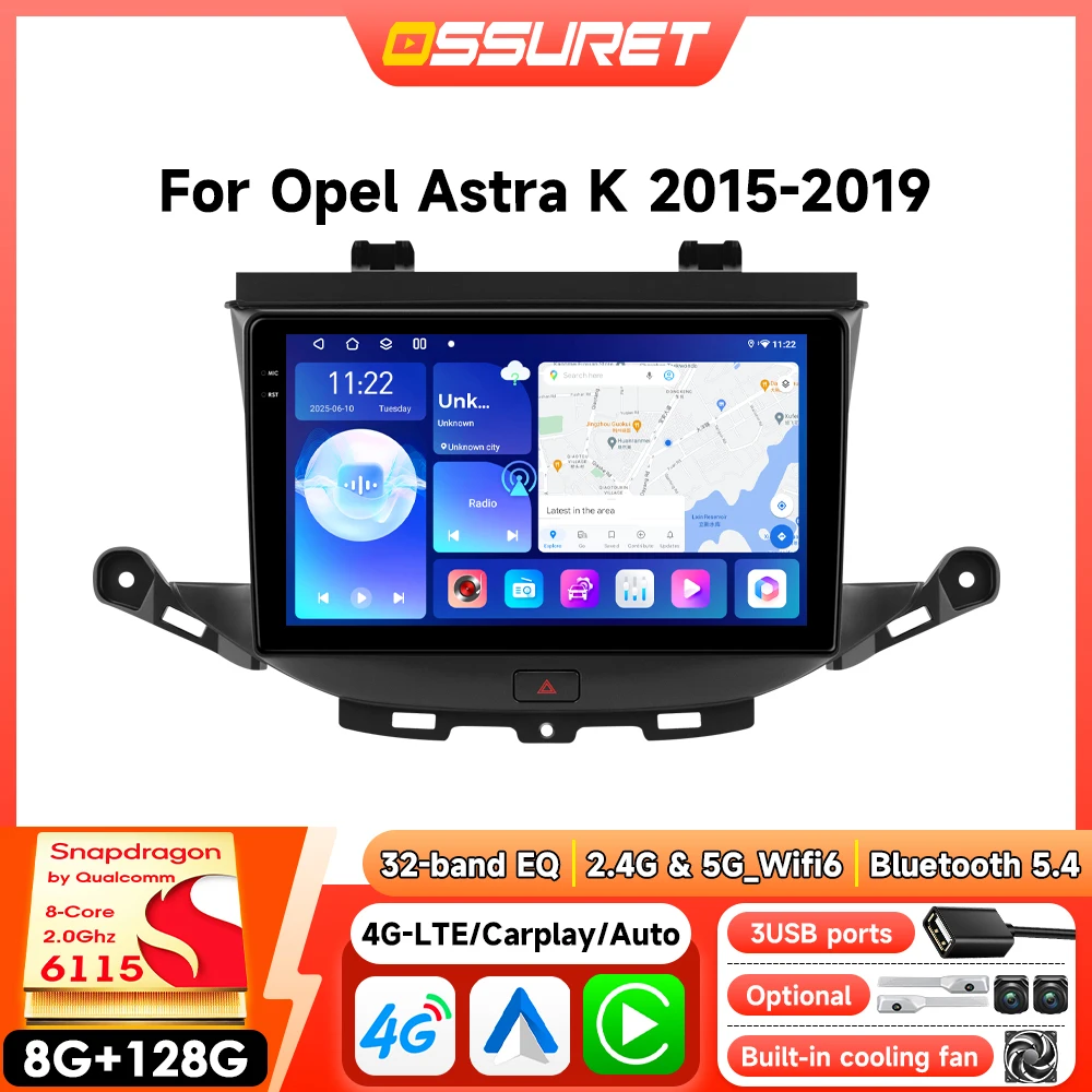 Reproductor de Radio para Auto Android para Opel Astra K 2015-2019, Pantalla Inteligente Multimedia para Auto, Autoradio Inalámbrico Carplay 6115 GPS, Cámara 360 1