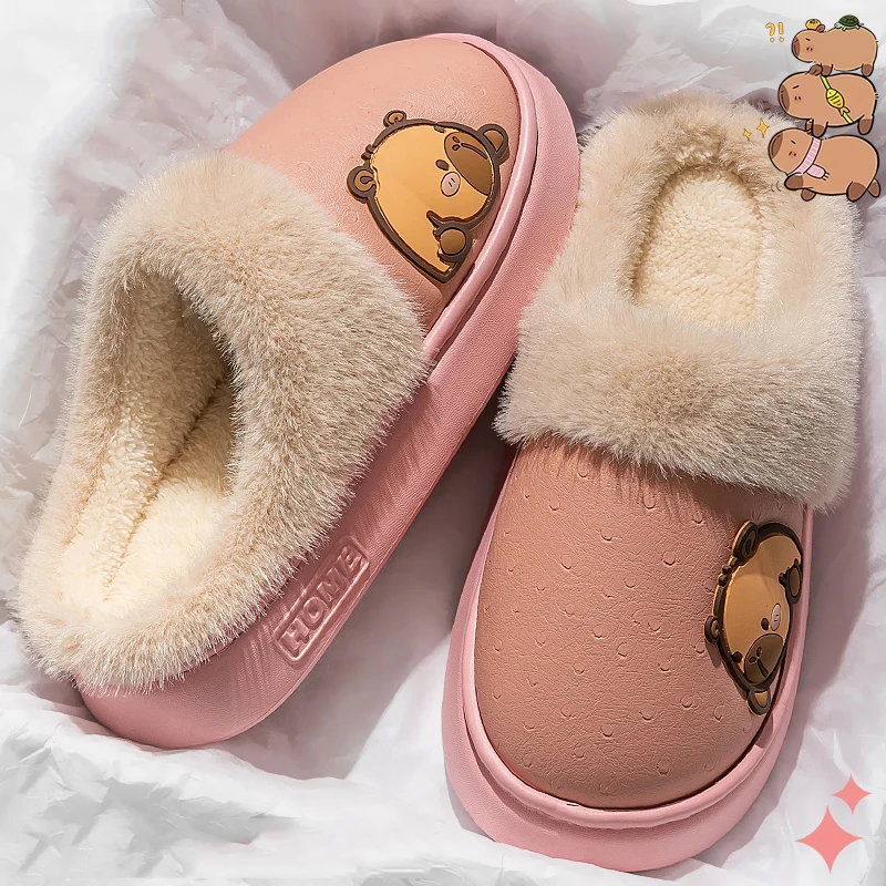 Cute Capibala Cotton Slippers Women Indoor Waterproof Non Slip Fluffy Slippers Woman Comfortable Thicken Plush Warm Home Slides