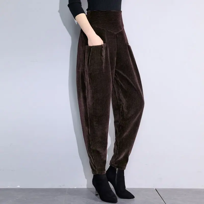 Women's Autumn and Winter New Fashion Simple Solid Color Pocket Korean Versatile Loose High Waist Plush Thick Haren Pants