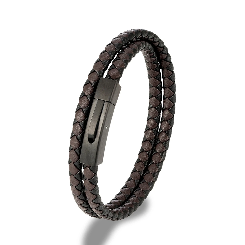 MKENDN Stainless Steel Leather Bracelet Men Women Handmade Woven Double-Layer Design Simple Style Jewelry Gift