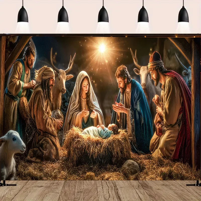 Krippe Sternennacht Wandteppich Religiöse Krippe Szene Wandteppich Wandbehang Traditionelle Weihnachten Geburtstag Raumdekoration – Detail 3