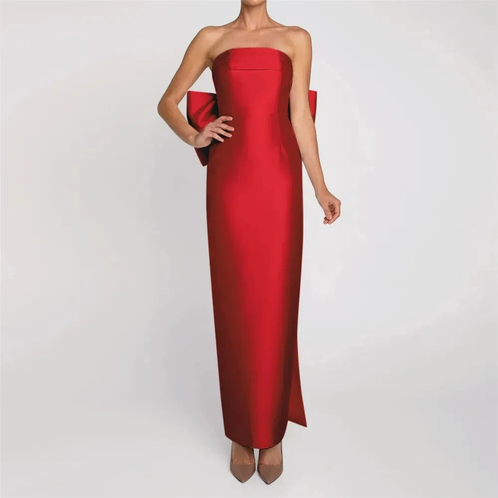 

Simple Red Satin Prom Dress Long Big Bow Backless Strapless Pageant Evening Off Shoulder Gowns Robe De Soiree Vestido Largo 2023