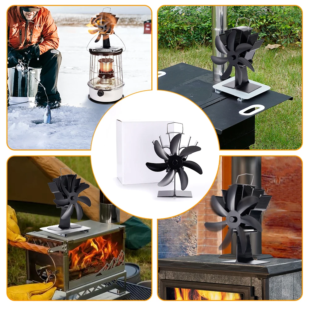 Fireplace Fan 7 Blade Thermal Standing Classic Cordless Low Noise Home Ice Fishing Log Burner Aluminum Alloy No Electricity