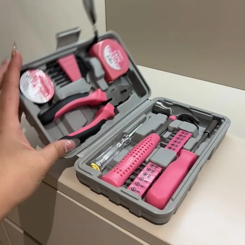 13/24pcs Pink Household Tool Set Hammer Hex Wrench Repair Worker Box Female Screwdriver Tape Measure Set Box DIY Handmade Tool