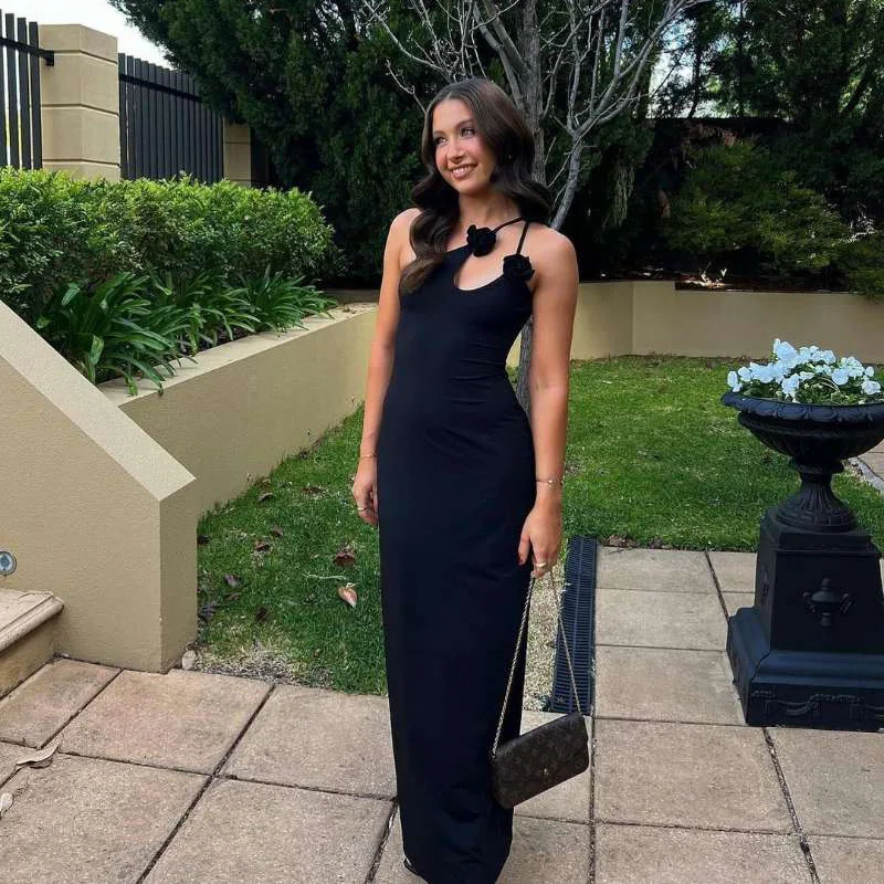 Elegant Sleeveless Irregular Bodycon Women Evening Dress Fall New Flower Ornament Shoulder Vestido Sexy Long Dress