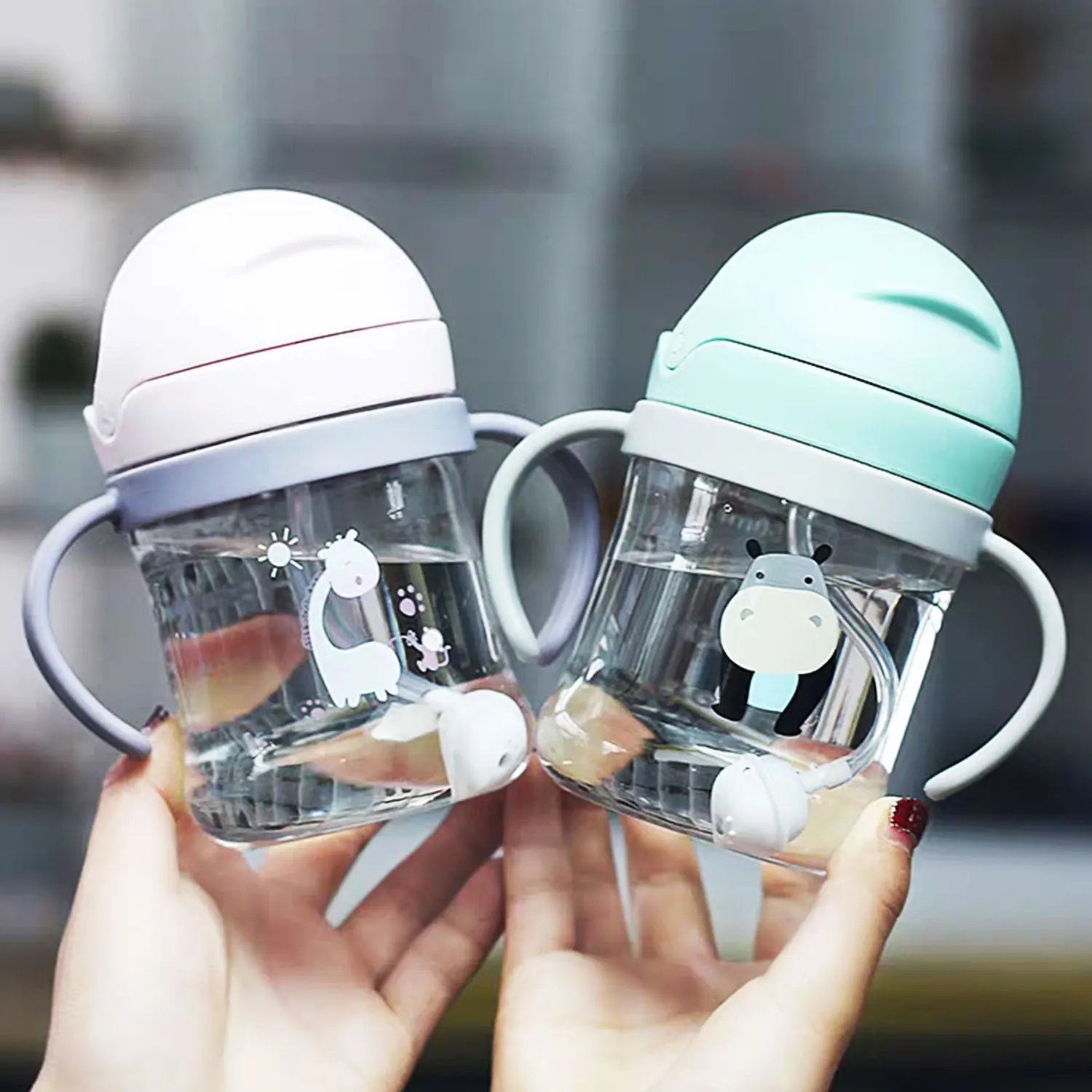 Water Bottle Milk Bottle Feeding Bottle Glass Milk Bottle 250ml Cartoon Pattern Outdoor Children Drinking Cup Training Portable Handle Straw Cup