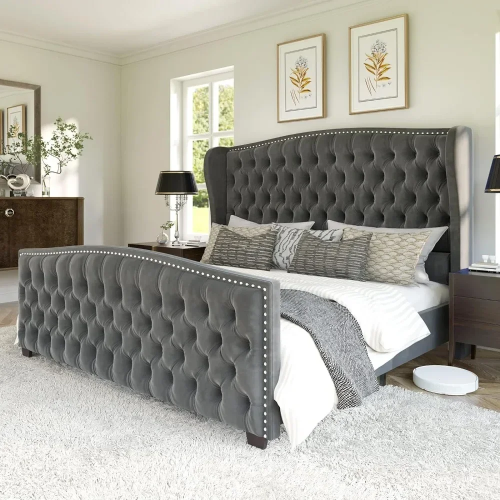 Description Picture 3 of itemKing Size Bed Frame, Velvet Upholstered Beds with Deep Button Tufted & Nailhead Trim Wingback Headboard, Platform Bed Frame