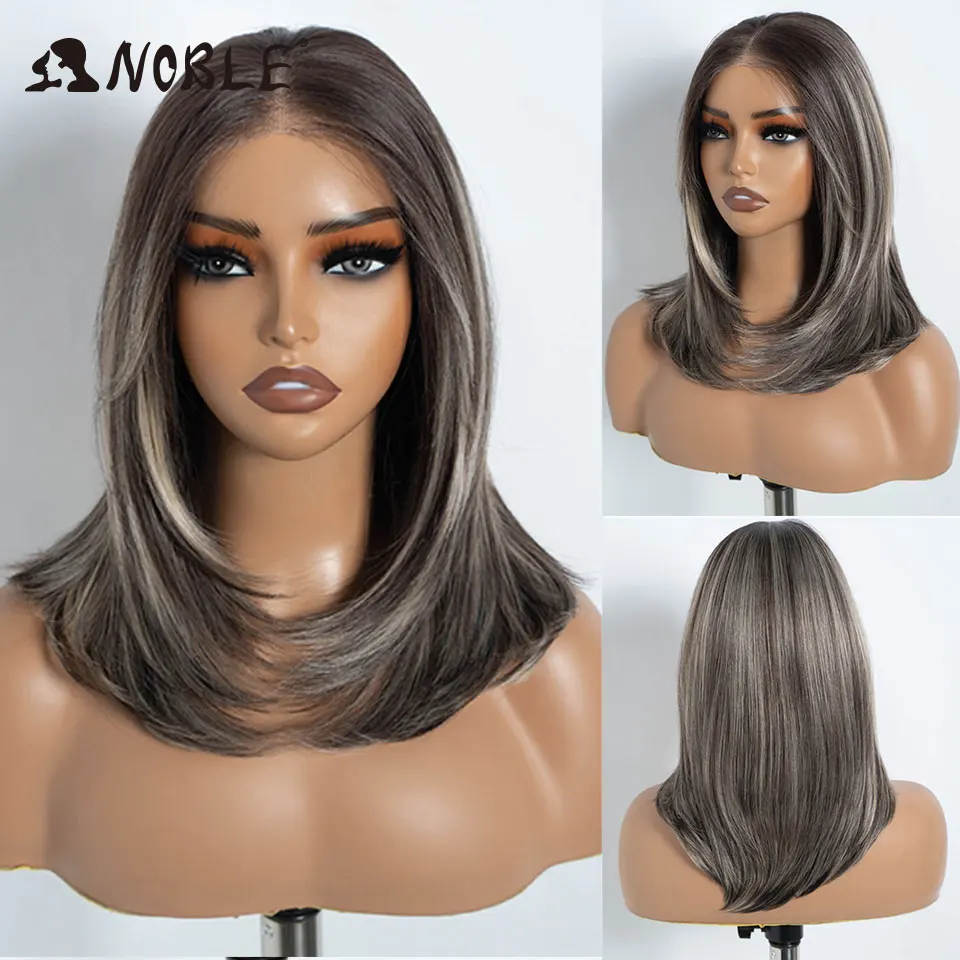 Noble Synthetic Lace Front Wig 13X3 Lace Free Part Pre Plucked Bob Wig 16" Straight Layered Ombre Grey Front Lace Wigs For Women