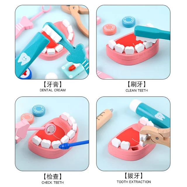 Doctor Toys Kids Wooden Pretend Play Kit Games for Girls Boys Red Medical Dentist Medicine Box Cloth Bags for Children Set Gift 6