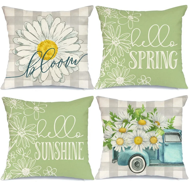 

4PCS Spring Pillow Covers Spring Decorations Buffalo Plaid Farmhouse Throw Pillow 18X18
