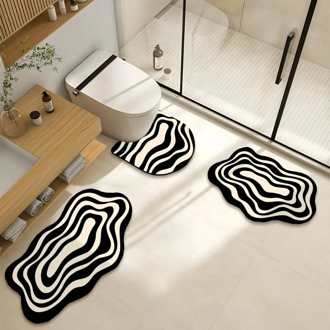 3pcs Set Vintage Bathroom Rug Set, Line Art Pattern, Absorbent Non-Slip Bath Mat, Bathroom U-Shaped Toilet/Pedestal Mat, 2.5mm Thickness Back To School Entryway Decor Bathroom Kitchen Decor