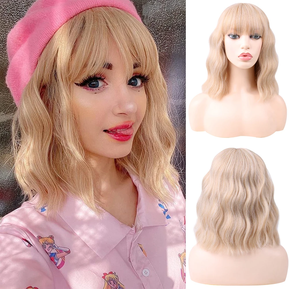 Belle Show Bob Body Short Synthetic Wigs With Bangs 12 Inches Shoulder Length  Blonde Water Wave Hair Wig For Women Cosplay