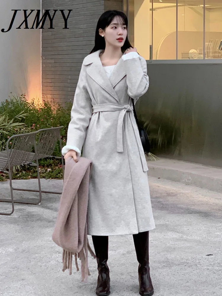 

JXMYY Women Elegant Long Wool Coat With Belt Solid Color Long Sleeve Chic Outerwear Ladies Drop Shoulder Overcoat 2023