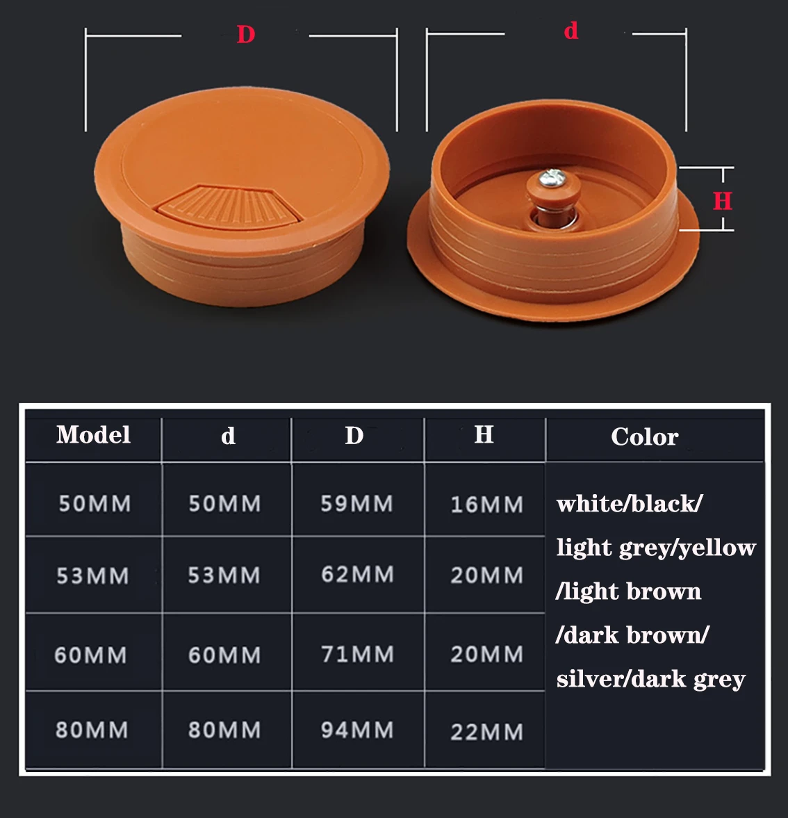 Description Picture 3 of item50mm/53mm Desk Table ABS Plastic Cable Hole Cover PC Computer Desk Round Wire Tidy Grommet Hardware Accessories