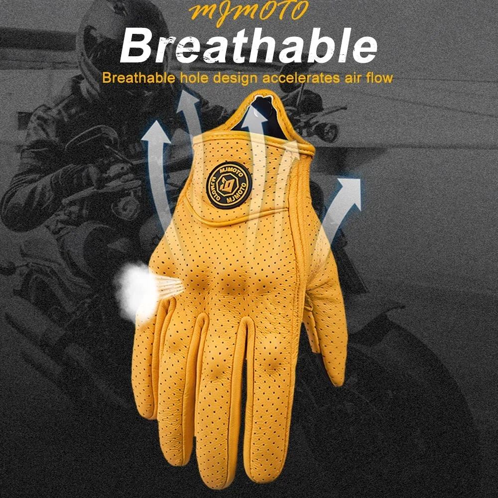 Retro Yellow Leather Motorcycle Gloves Vintage Men Motorbike Racing Gloves Touch Screen Breathable Moto Biker Motocross Gloves 3