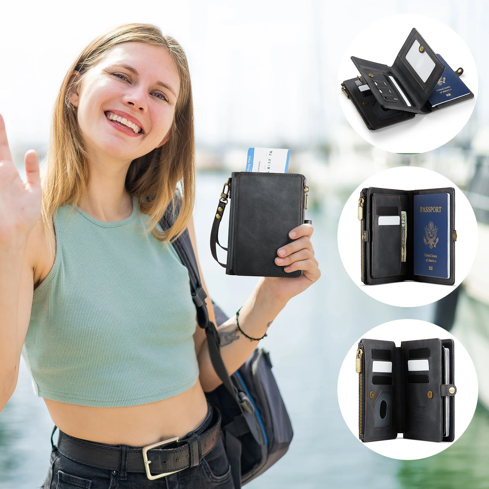 Porta passaporto Caseme da viaggio, portafoglio porta passaporto con cinturino da polso e portafoglio con cerniera per uomo donna retrò multifunzione - immagine 4