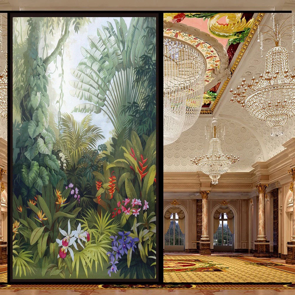 

Static Cling Privacy Window Film Heat Control Anti UV Blocking Window Stickers Beautiful Jungle Pattern Frosted Glass Film