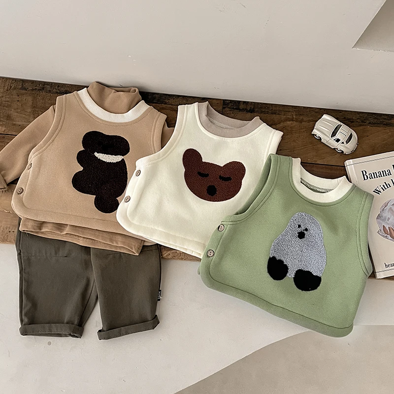 Autumn And Winter Baby Boys And Girls Cute Cartoon Plus Velvet Vest Children's Casual Warm Vest