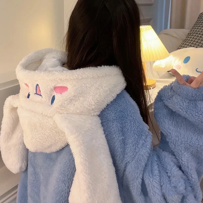 Sanrio Anime Girl Plush Pajamas Kuromi Cinnamoroll Winter Extra Thick Coral Fleece Home Clothing Nightdress Cloth