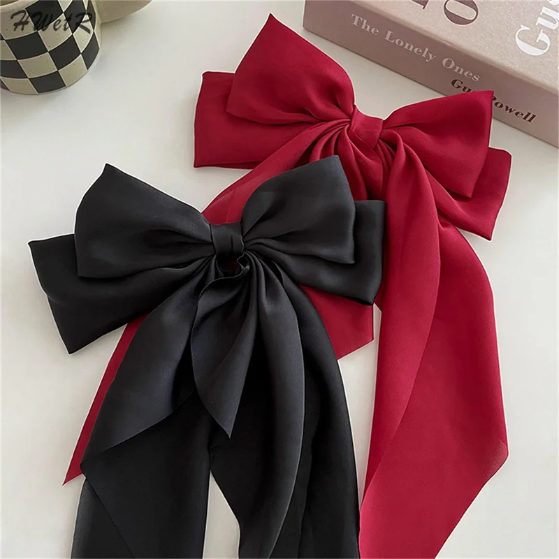 

Solid Bow Ribbon Hair Clip Fashion Simple Satin Spring Clip Hair Pin Retro Headband With Clips Girls Hair Accessories