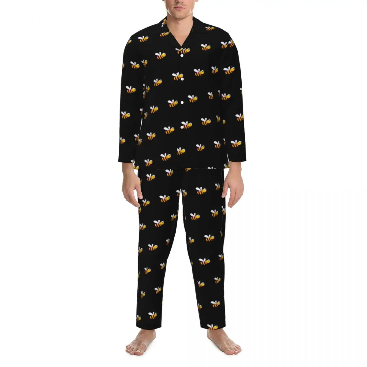 

Yellow And Black Stripes Pajamas Male Black Funny Bee Print Cute Soft Room Nightwear Spring 2 Piece Casual Oversize Pajama Set