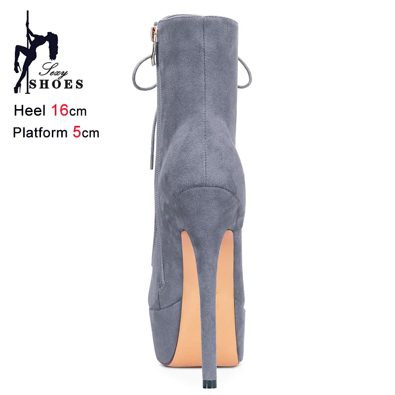 16CM Ultrahigh Heels Nightclub Club Suede Sexy Shoes For Women Platform Stage Show Lace-up Short Boots Stripper Pole Dance Boots