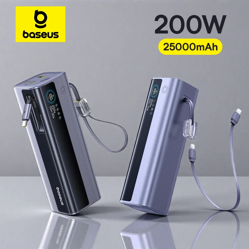 Baseus 200W 25000mAh Power Bank כפול כבלי USB-C נשלפים 4-מכשירים טעינה מהירה מטען סוללה חיצוני נייד למחשב נייד