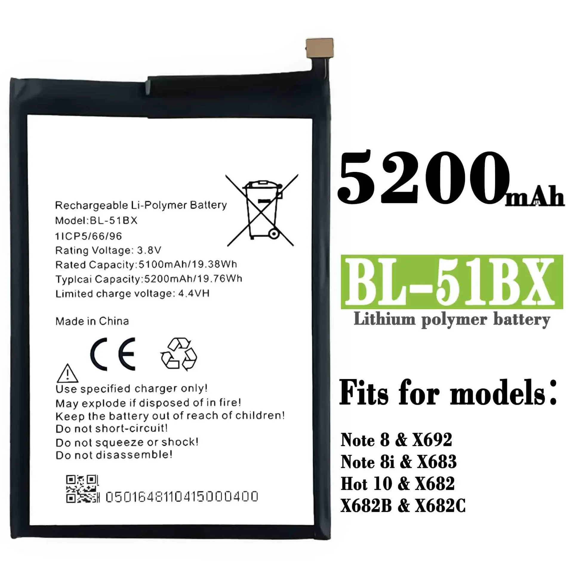 

Фотоаккумулятор для Infinix X692 NOTE 8 X683 HOT10 X682B NOTE 8i, 5200 мАч