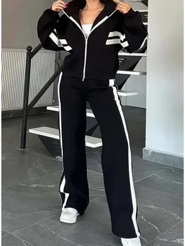 Fashion Striped Hoodie Set For Women Casual Long Sleeve Zip Tops+High Waist Wide Leg Pants 2 Piece Sets Lady Y2k Sports Clothes 1