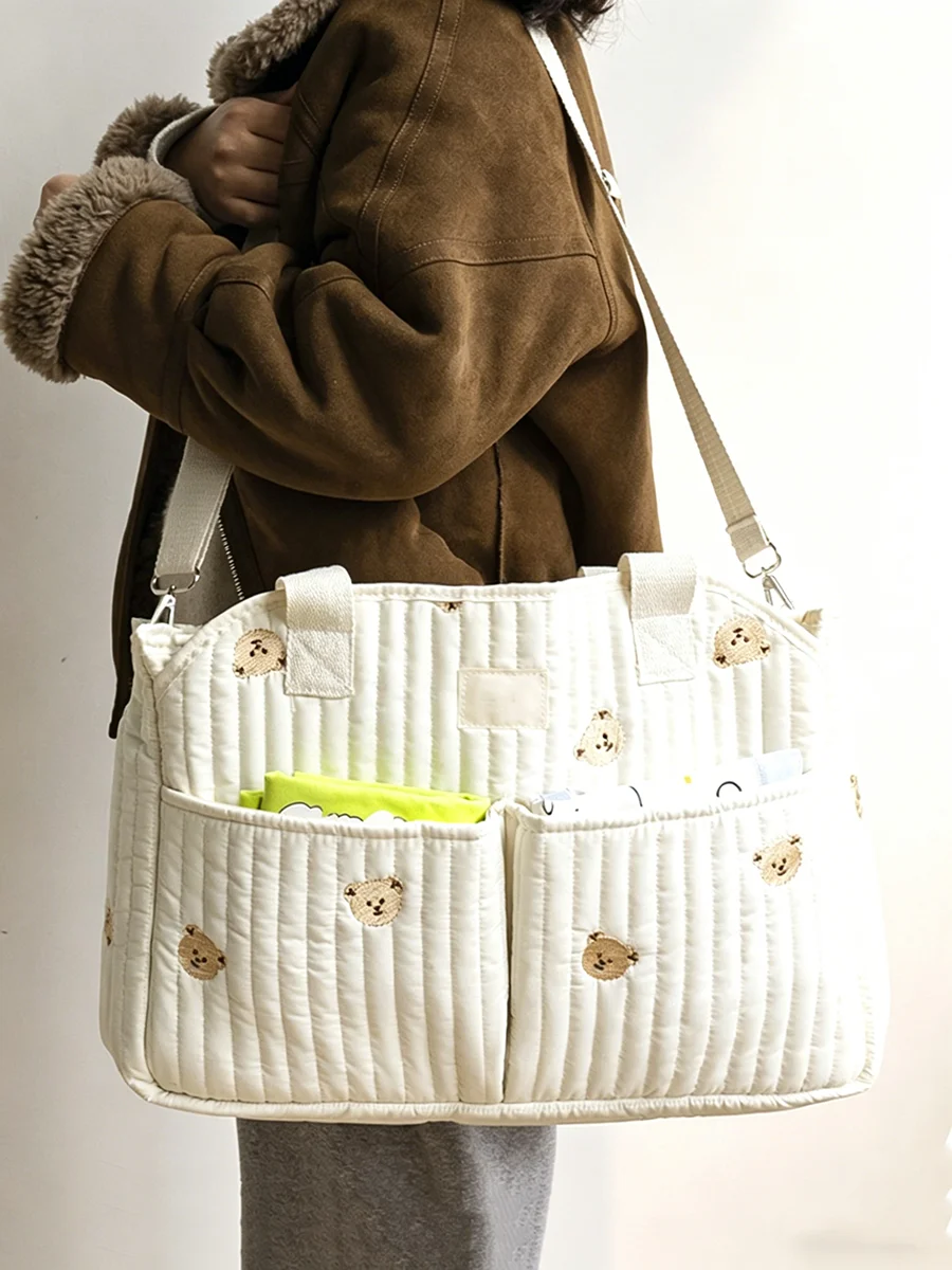 Ins Style Bear Embroidery Mommy Bag, Large Capacity Lightweight Diaper Tote, Multi-function Travel Shoulder Bag_voghion.com