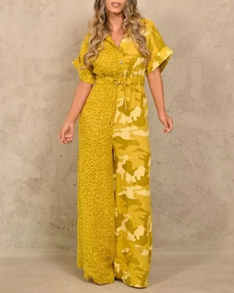 

Leopard Print Patchwork Camouflage Jumpsuits Women Fashion Leace-up Sleeveless Loose Wide Legs Jumpsuit Female Spring Summer New