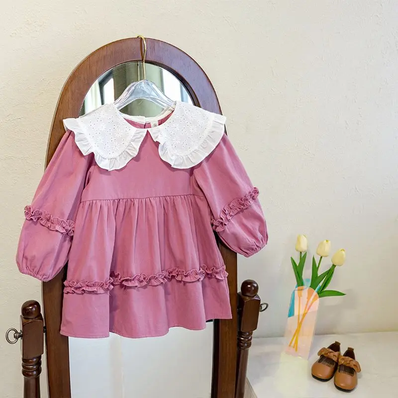 

Spring and Autumn Girls' Baby Dress New Children's Lapel Princess Dress Long Sleeve Fashionable Cotton Sweet Dress
