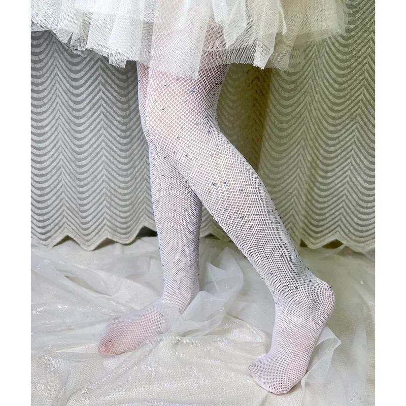 Kids Girls Fashion Fishnet Stockings Hollow Lace Rhinestone Glitter Pantyhose for Children Girl Summer Mesh Baby Hosiery