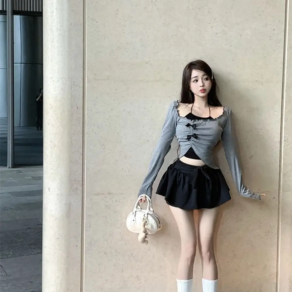 Gray Polyester Long Sleeve Slim Fit Crop Top for Women