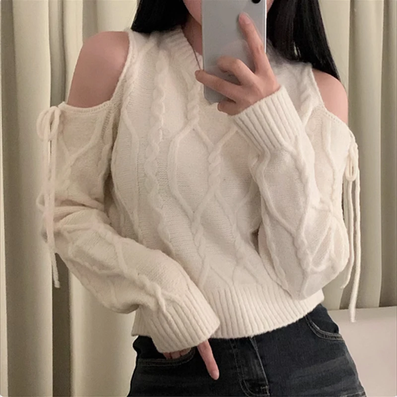 Winter Lace Up Casual Jumper Korean Fashion Off-the-shoulder Pullover Women Sweater Autumn O Neck Loose Long Sleeve Knitted Tops