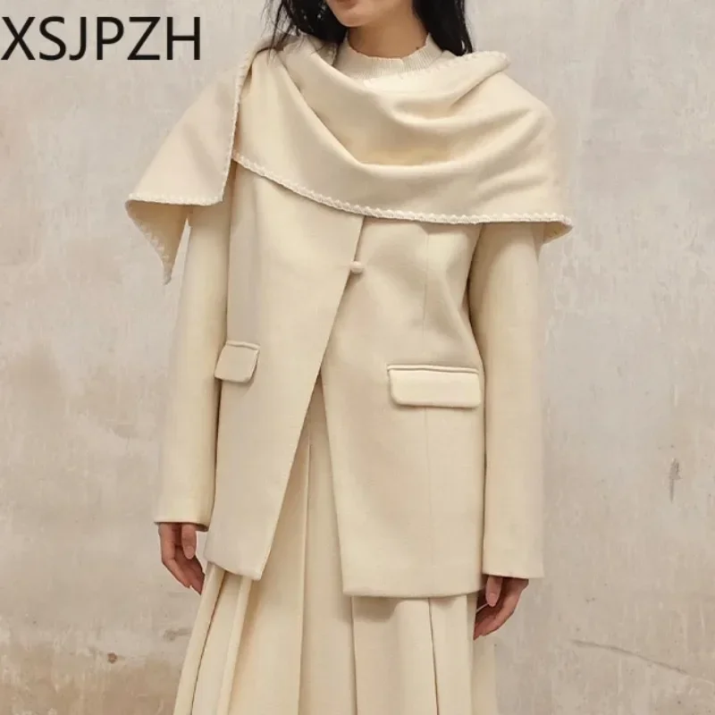 

New Chinese clasp Coat Loose Women's Long Suit Jacket Women Blazer Autumn Scarf Collar Single Breasted Long Sleeve Ladies Blazer