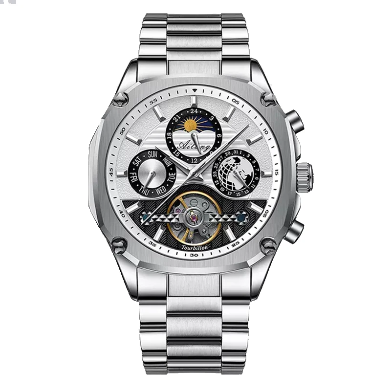 AILANG Orologio meccanico da uomo con tourbillon scheletrato, automatico, di lusso, in acciaio inossidabile, con fasi lunari, orologio da polso Relogio Masculino_voghion.com