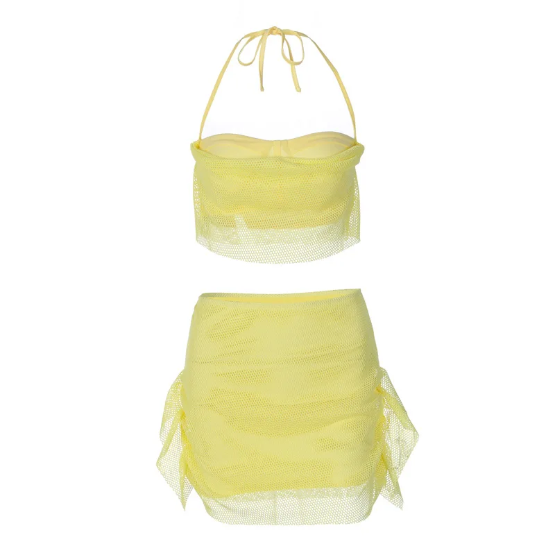 Casual Yellow 2 Piece Set Women Halter Gauze Sleeveless Crop Tops Patchwork Wrap Mini Skirt Fashion Suit