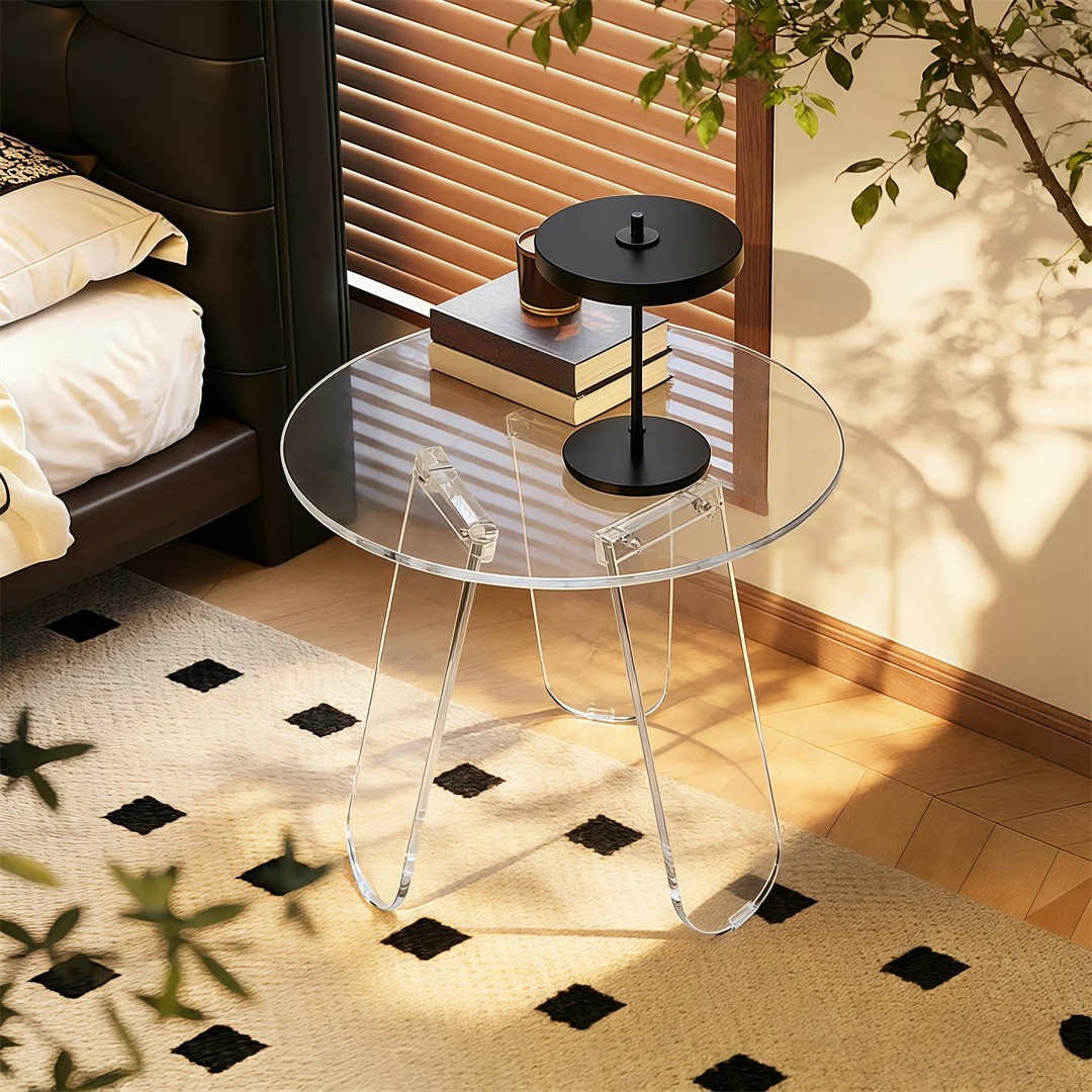 ARTLOGE Acrylic End Table,18” Round Clear Acrylic Side Table with PVC Cover Triangle Legs for Living Room Bedroom
